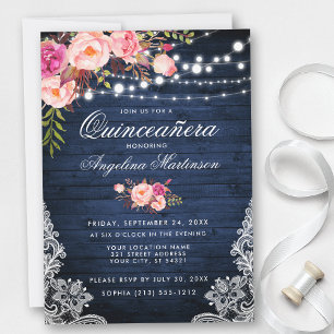 Invitación Flor rosa Rústica Quinceanera Azul