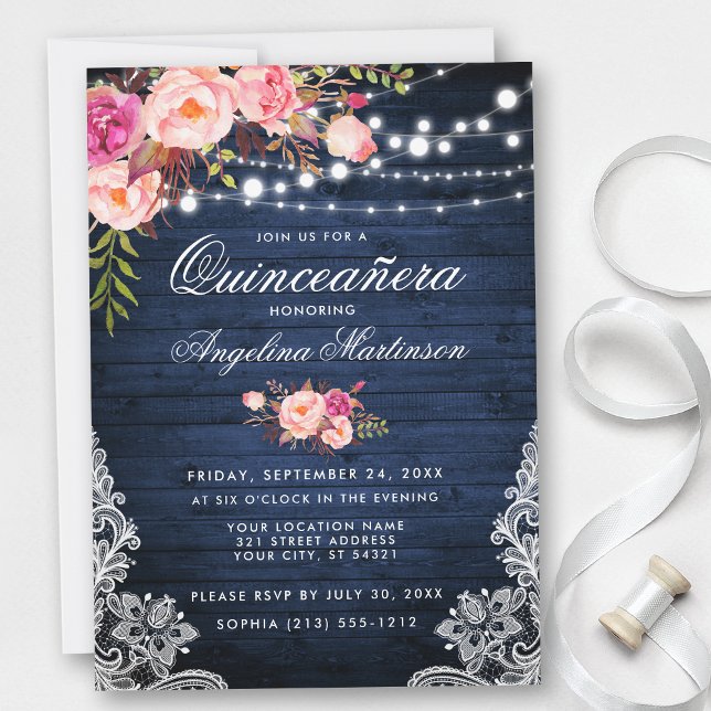 Invitación Flor rosa Rústica Quinceanera Azul (Customize to add more text or photos to back of card.)