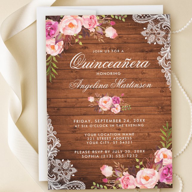 Invitación Flor rosa Rústica Quinceanera de madera (Customize to add more text or photos to back of card.)