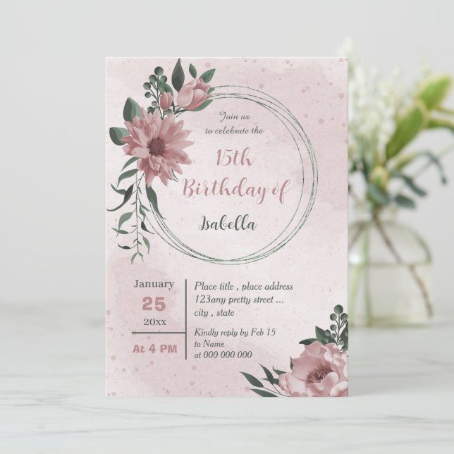 Invitación flor rosa vegetación wreath cumpleaños (Anverso de pie)