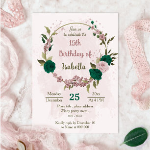 Invitación flor rosa verde esmeralda cumpleaños botánico