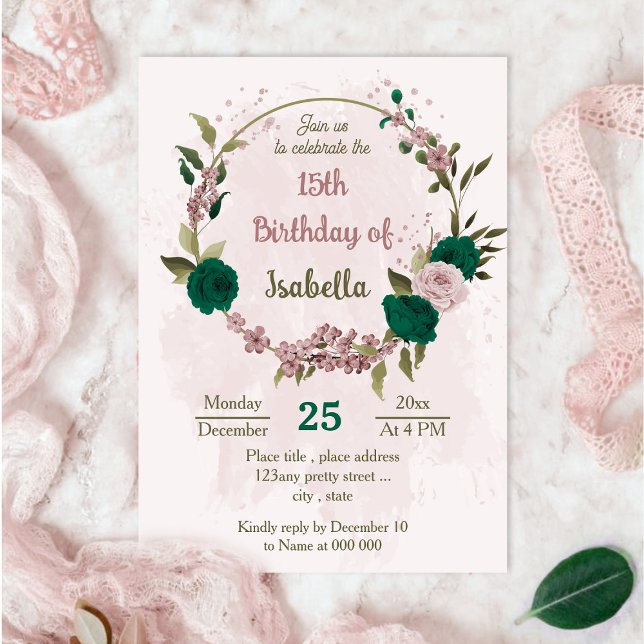 Invitación flor rosa verde esmeralda cumpleaños botánico (Subido por el creador)