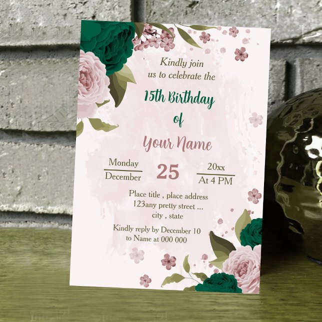 Invitación flor rosa verde esmeralda cumpleaños botánico (Subido por el creador)