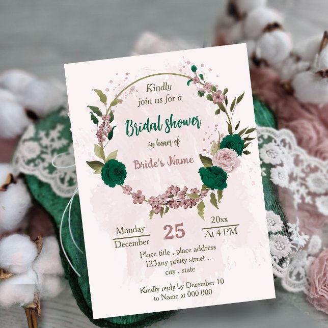 Invitación flor rosa verde esmeralda ducha de novia botánica (Subido por el creador)