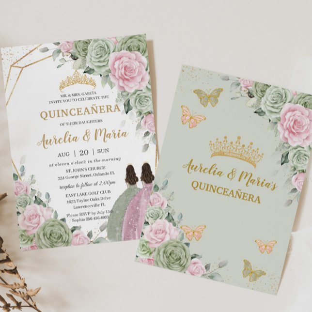 Invitación Flor rosa verde sabio Quinceañera Gemelos mariposa (Subido por el creador)