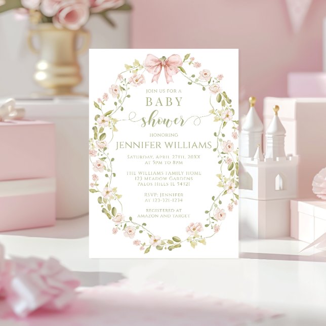 Invitación Flor rosa Wreath Bow Baby Shower (Subido por el creador)