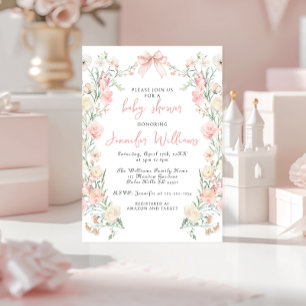 Invitación Flor rosa Wreath Bow Mariposa Bebé Chica Ducha