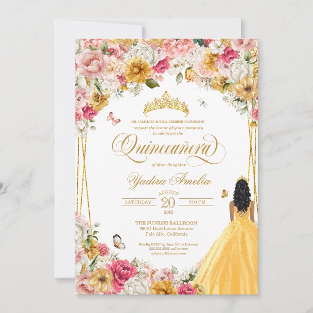 Invitación Flor rosa y amarilla de Rubor de mariposa Quincean (Anverso)