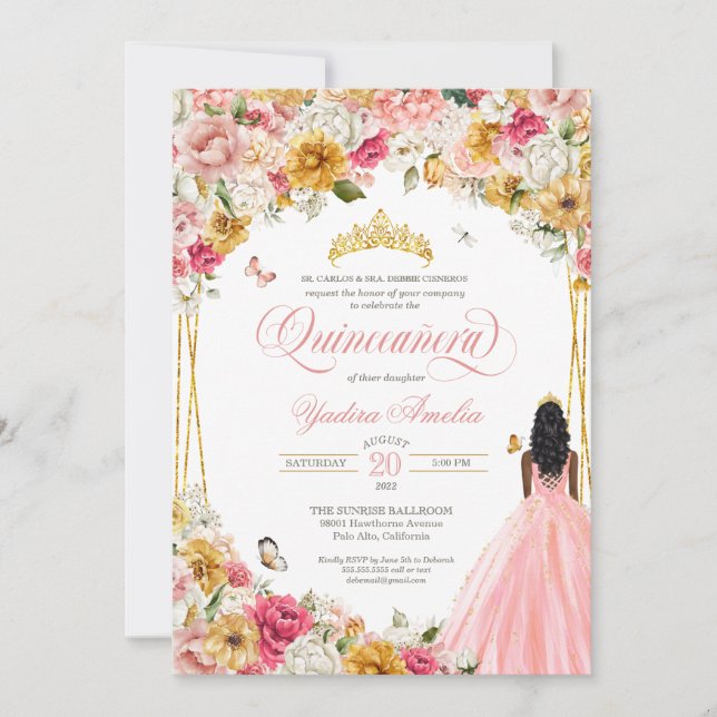 Invitación Flor rosa y amarilla de Rubor de mariposa Quincean (Anverso)