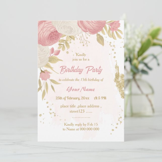 Invitación flor rosa y blanca fiesta de cumpleaños botánico d (Anverso de pie)