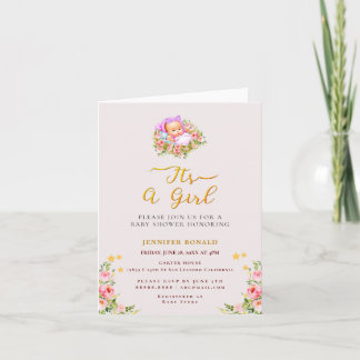 Invitación Flor rosa y dorada tema es una ducha de bebé chica