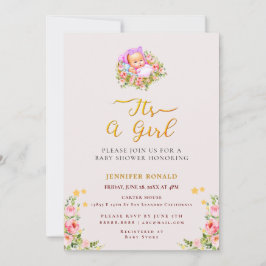 Invitación Flor rosa y dorada tema es una ducha de bebé chica