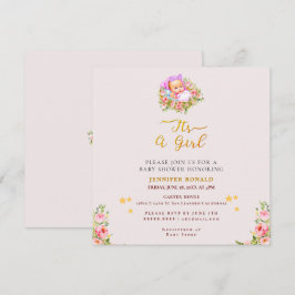 Invitación Flor rosa y dorada tema es una ducha de bebé chica