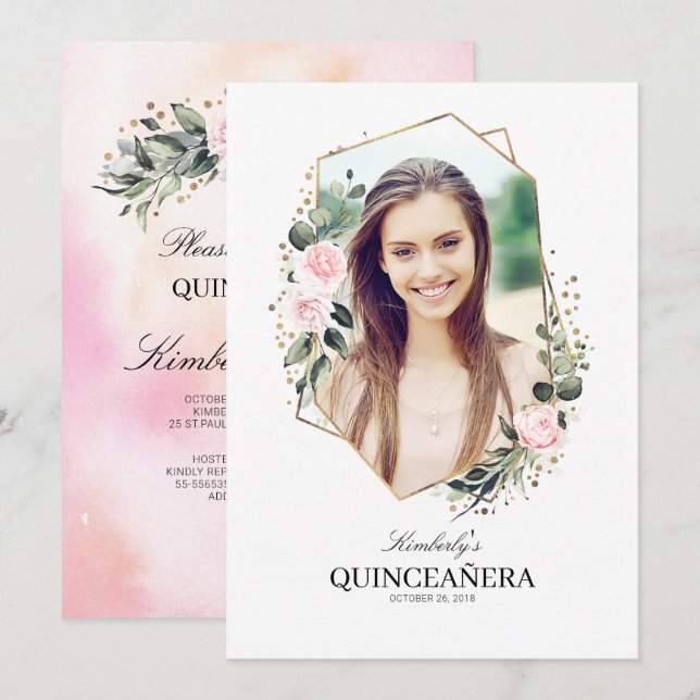 Invitación Flor rosa y el oro de Confetti Quinceanera foto (Anverso / Reverso)