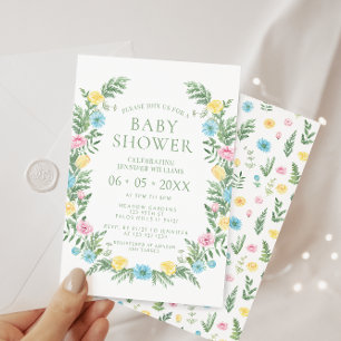 Invitación Flor salvaje amarillo azul rosa suave boho bebé du