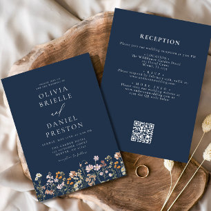 Invitación Flor salvaje azul marina Código QR Boda Jardín