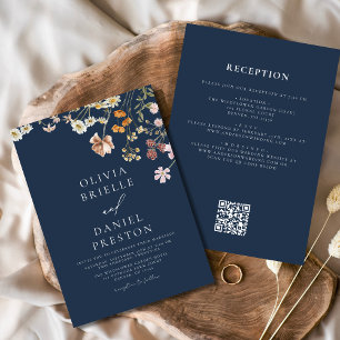 Invitación Flor salvaje azul marina todo en un Boda de código