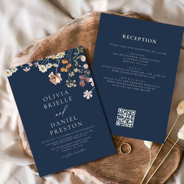 Invitación Flor salvaje azul marina todo en un Boda de código (Subido por el creador)