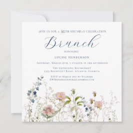 Invitación Flor salvaje azul simple Brunch de cumpleaños 90