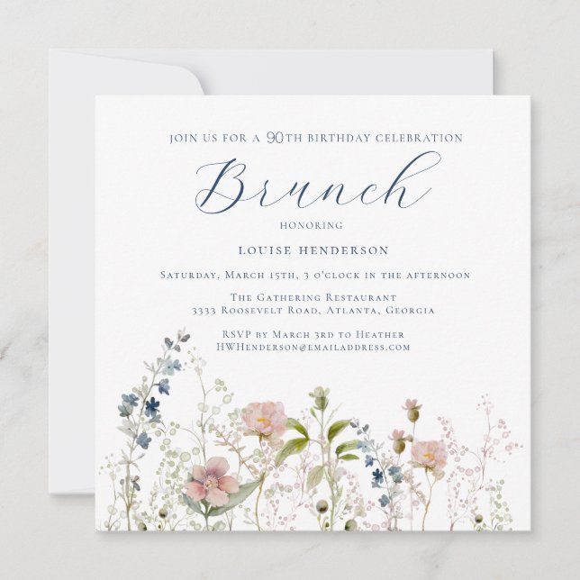 Invitación Flor salvaje azul simple Brunch de cumpleaños 90 (Anverso)