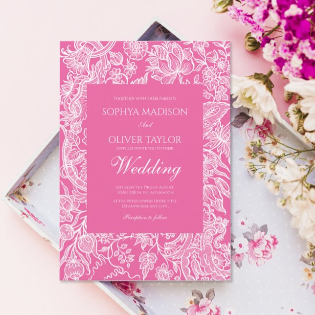 Invitación Flor salvaje de arte de la línea rosa brillante (Subido por el creador)