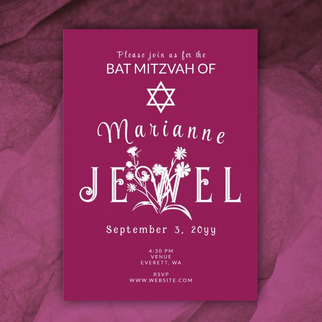 Invitación Flor salvaje de Berry Pink Botanical Bat Mitzvah (magenta pink burgundy bat mitzvah floral botanical invitation wild flowers)