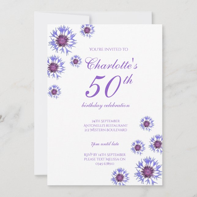Invitación Flor salvaje floral azul Fiesta de cumpleaños 50 (Anverso)
