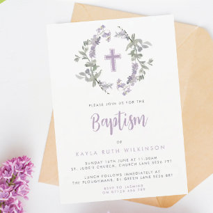 Invitación Flor salvaje Lilac Wreath & Cross Baby Baptism