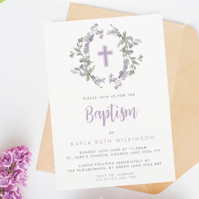 Invitación Flor salvaje Lilac Wreath & Cross Baby Baptism (Subido por el creador)