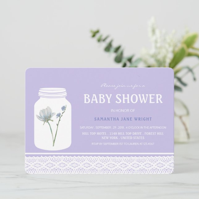 Invitación Flor salvaje Mason Jar y Lace Baby Shower (Anverso de pie)