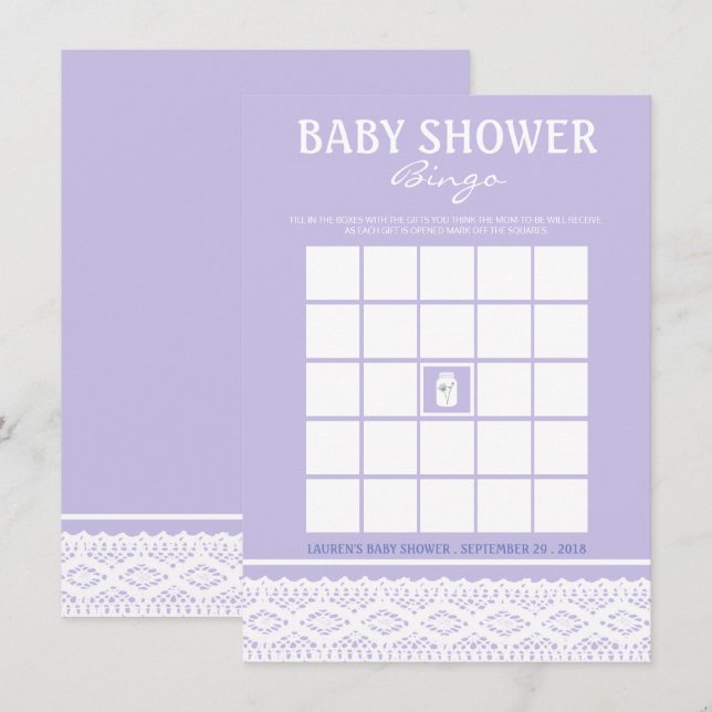 Invitación Flor salvaje Mason Jar y Lace Baby Shower Bingo (Anverso / Reverso)