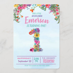 Invitación Flor salvaje, primer cumpleaños, uno, floral