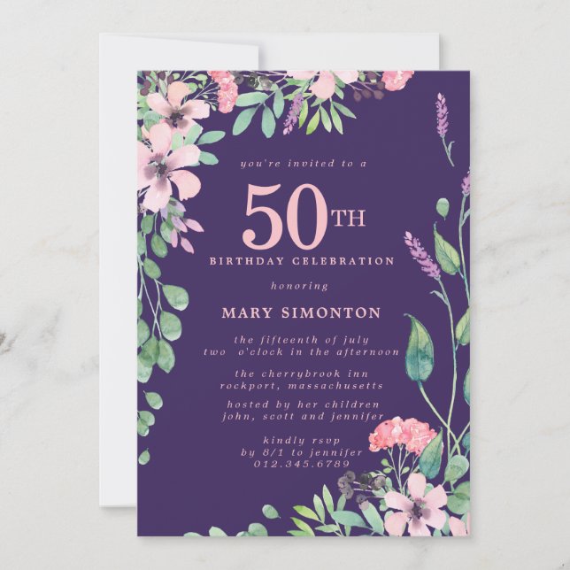 Invitación Flor salvaje rosa morada caída 50 cumpleaños (Anverso)