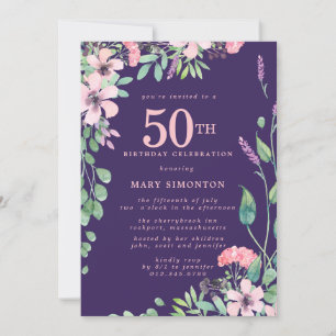 Invitación Flor salvaje rosa morada caída 50 cumpleaños