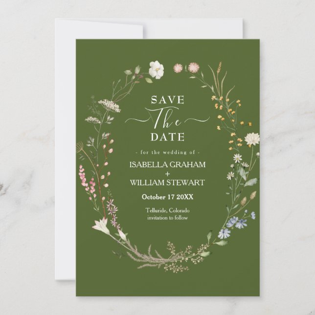 Invitación Flor salvaje Rustic Moss Green Boho Save The Date (Anverso)