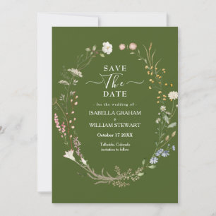 Invitación Flor salvaje Rustic Moss Green Boho Save The Date