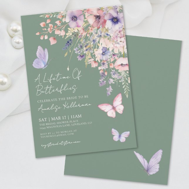 Invitación Flor salvaje Sage Green Butterfly (Sage Green Butterfly Wildflower Bridal Shower Invitation)