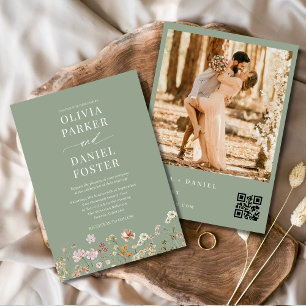 Invitación Flor salvaje verde sabia Código QR Foto Boho Boda