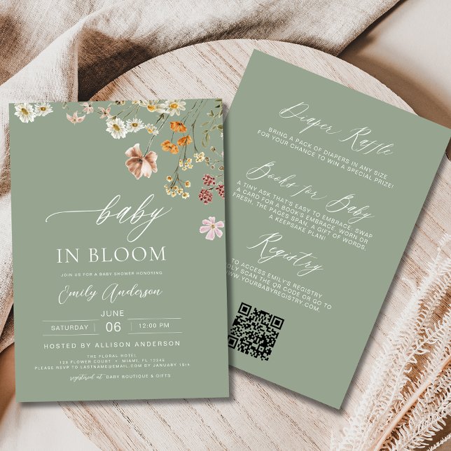 Invitación Flor salvaje verde sabia en un solo Baby Shower (Subido por el creador)