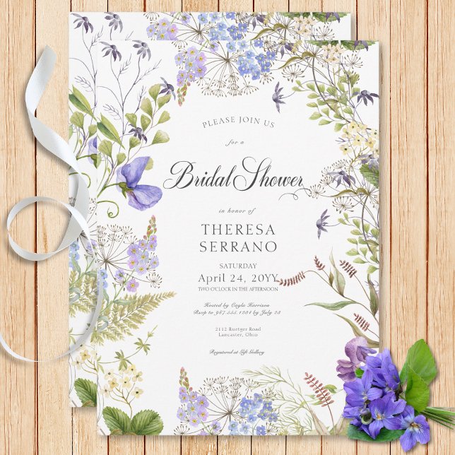 Invitación Flor salvaje violeta rusa ducha de novia blanca (Rustic Purple Sage Wildflower White Bridal Shower Invitation)