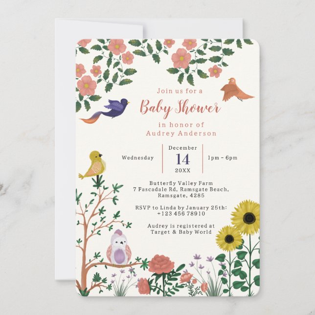 Invitación Flor salvaje y Fiesta de té de pájaros Baby Shower (Anverso)