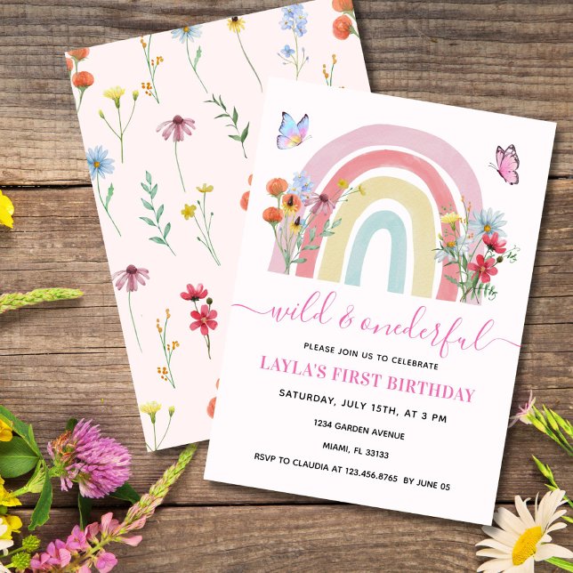 Invitación Flor salvaje y maravillosa arcoiris primer cumplea (Elegant rainbow wildflower 1st birthday invite with butterflies for baby girl, editable text.)