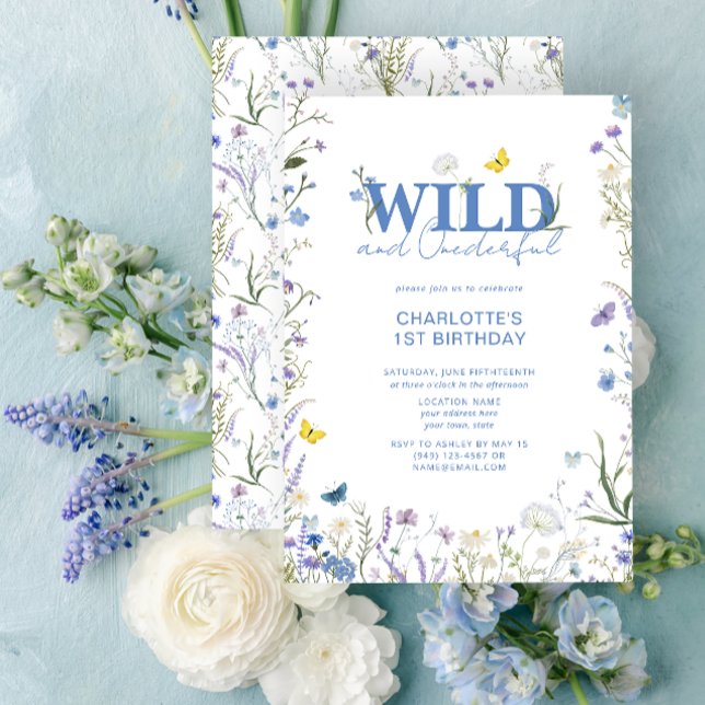 Invitación Flor salvaje y maravillosa flor azul de primer cum (1st Birthday Invitation)
