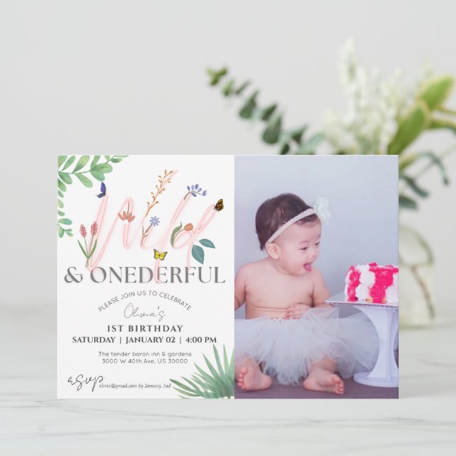 Invitación Flor salvaje y maravillosa foto de primer cumpleañ (Anverso de pie)