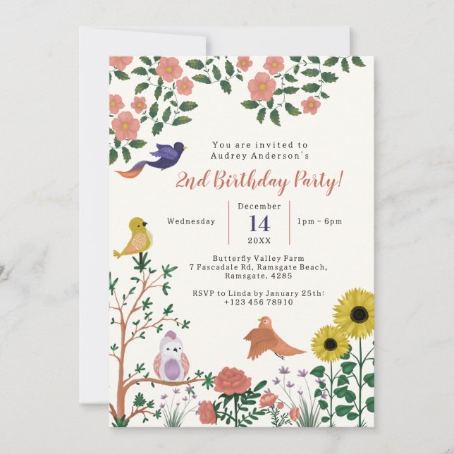 Invitación Flor salvaje y pájaros Fiesta de té segundo cumple (Anverso)