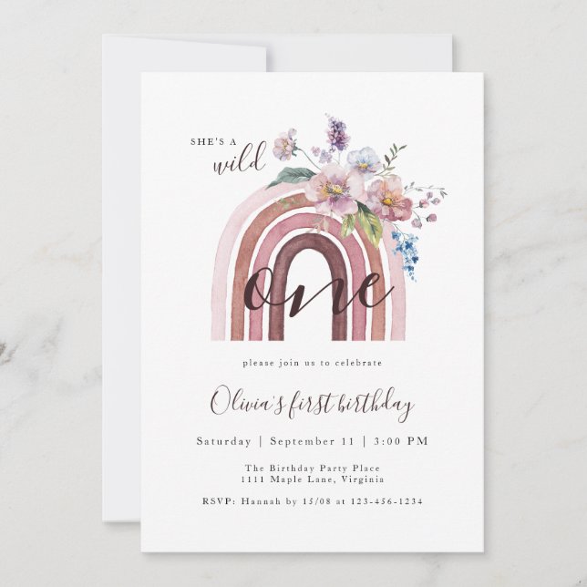 Invitación Flor salvaje y un boho arcoiris primer cumpleaños (Anverso)
