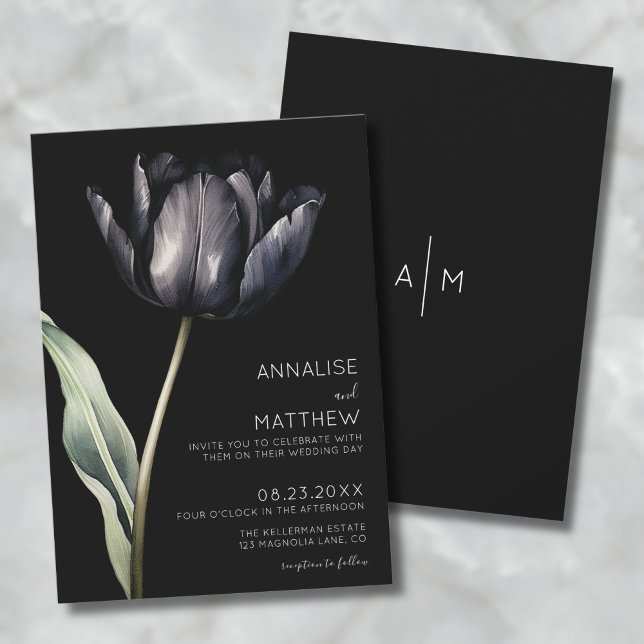 Invitación Flor Sencillo Elegante Moderno Boda Negro (Flower Simple Elegant Modern Black Wedding Invitation )