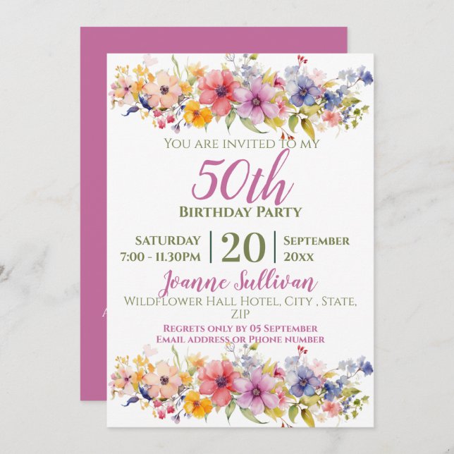 Invitación Flor silvestre 50 cumpleaños (Anverso / Reverso)