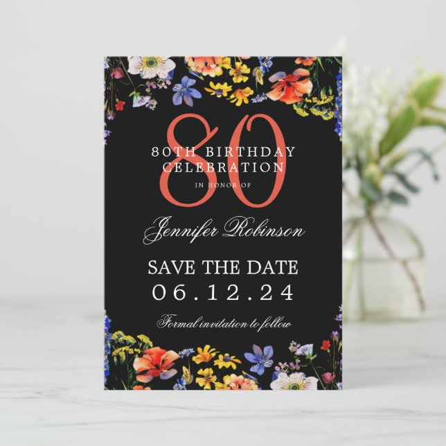 Invitación Flor silvestre 80 cumpleaños Guardar fecha Detalle (Anverso de pie)