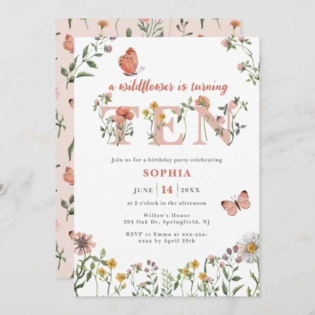 Invitación Flor silvestre acuarela 10 cumpleaños (Anverso / Reverso)